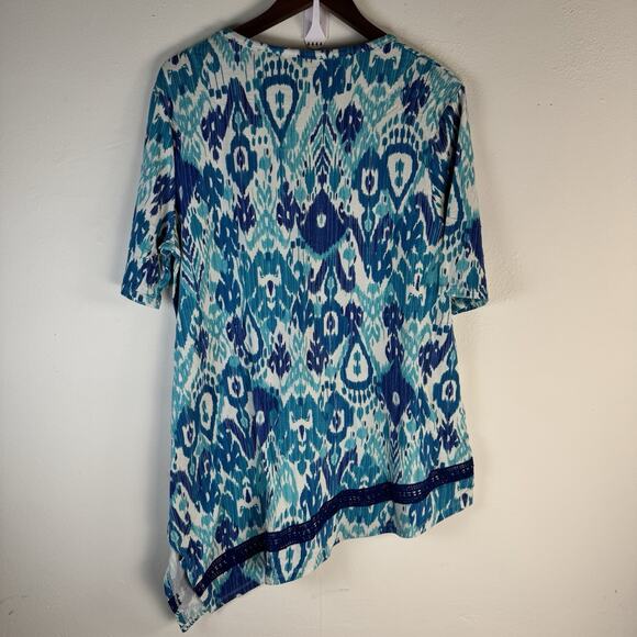 CHICOS Size 3 US XL Teal Paisley Print V- Neck Tunic Top Asymmetric Hem Boho - Picture 6 of 7